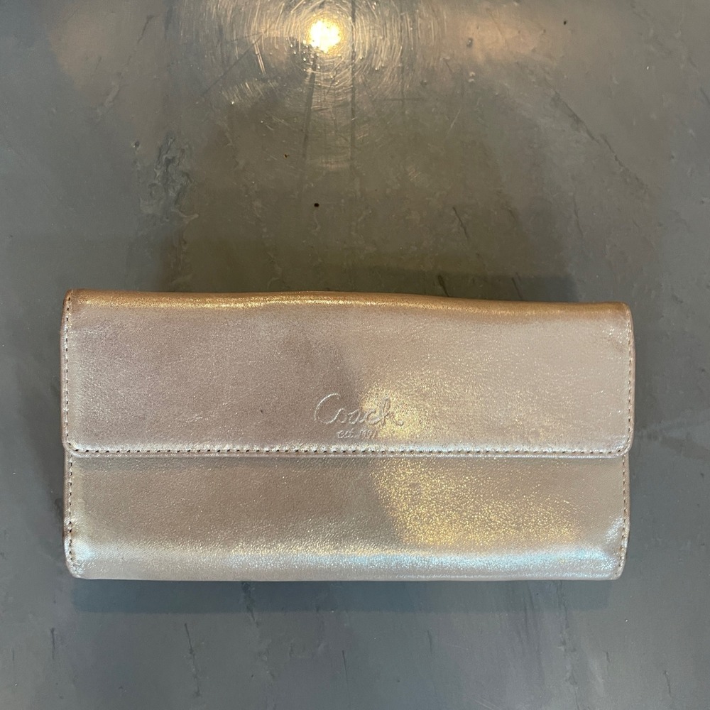 Coach Metallic Champagne Gold Leather Slim Envelope Turnlock Wallet Pink FLAW